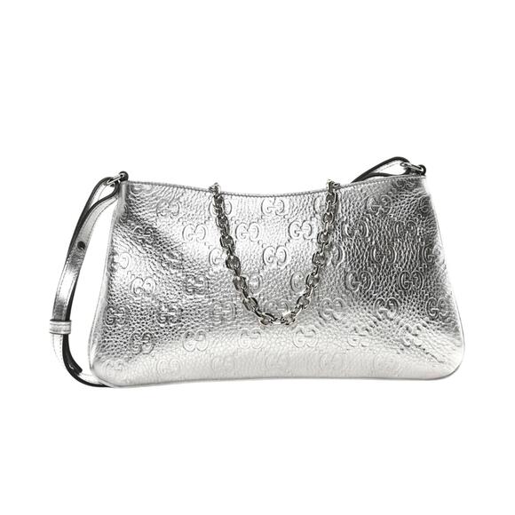 Gucci Handbags - GUCCI Metallic GG Grainy Calfskin Emblem Medium Shoulder Bag Silver NWT